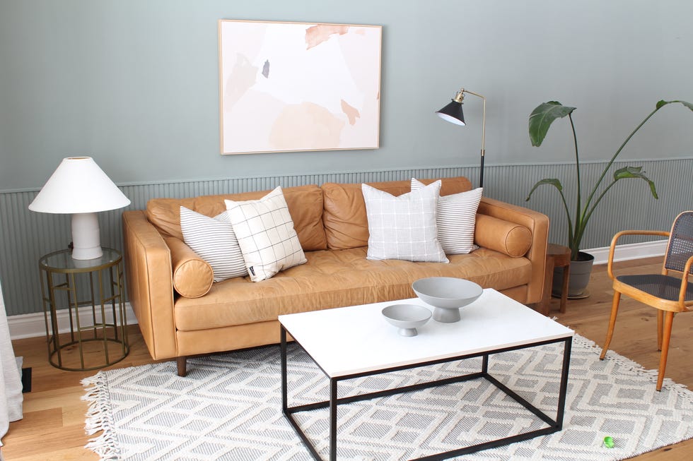 living room setup featuring a leather sofa pillows coffee table and plants