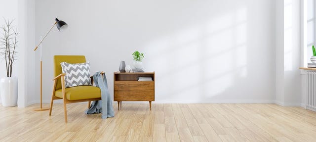 modern mid century and minamalist interior of living room yellow armchair with wood table