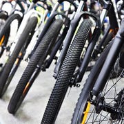 modern mountain bikes in sports shop
