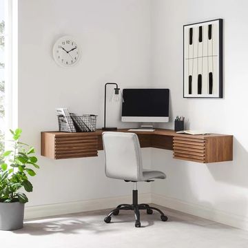 floating desk in a white room