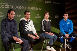 mohamed katir y adel mechaal en la presentación del world indoor tour de madrid