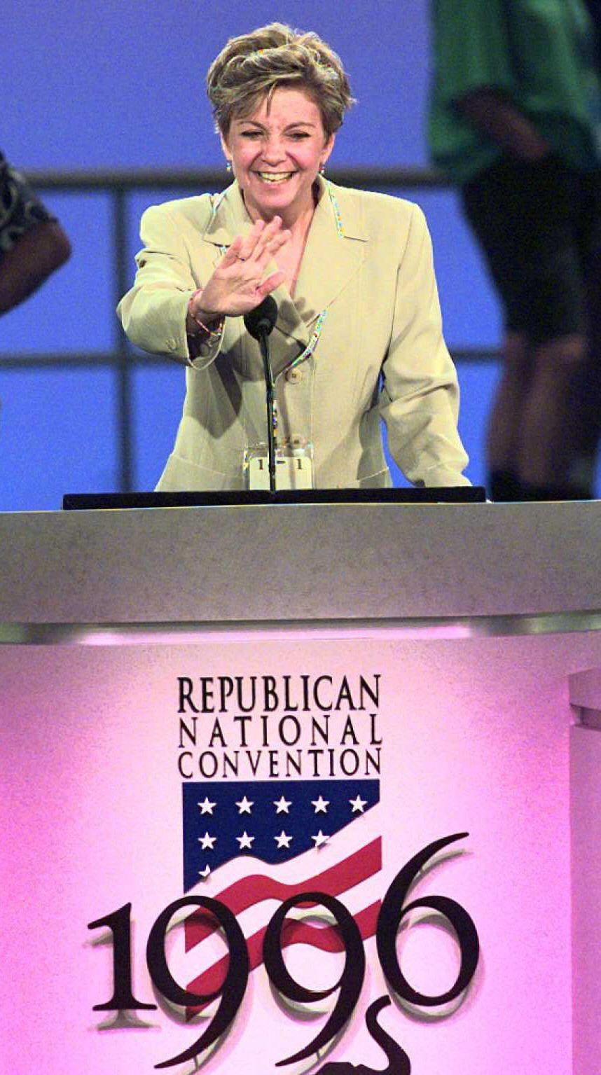 san diego, ca   july 22  us rep susan molinari, r ny, waves from the podium 11 august during preparations for the republican national convention in san diego the  convention begins 12 august electronic image  photo credit should read luke frazzaafp via getty images