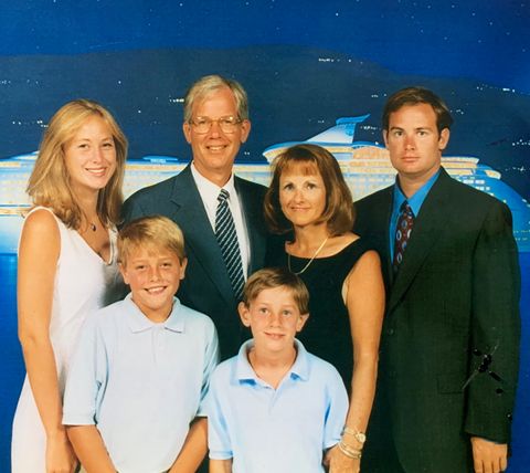 family shot, fake cruise in background