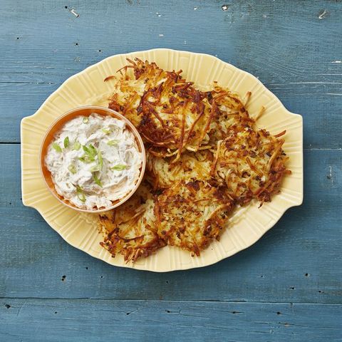 molly yeh's latkes with caramelized onion sour cream