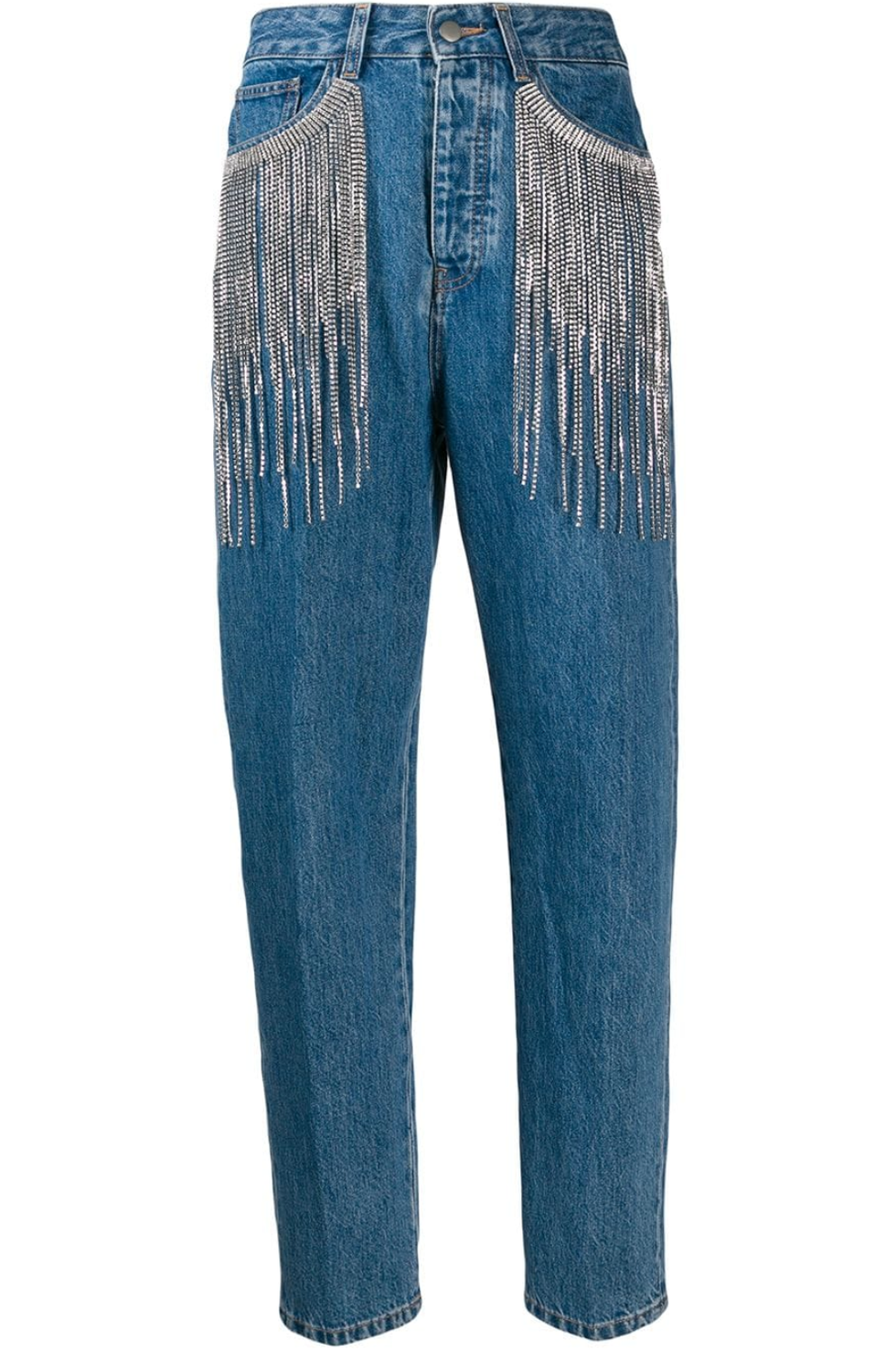 La moda 2019 ti sorprende con il denim perché come sfrangiare i jeans aggiungendo glam è presto fatto con i mom jeans di Circus Hotel con frange di cristalli.