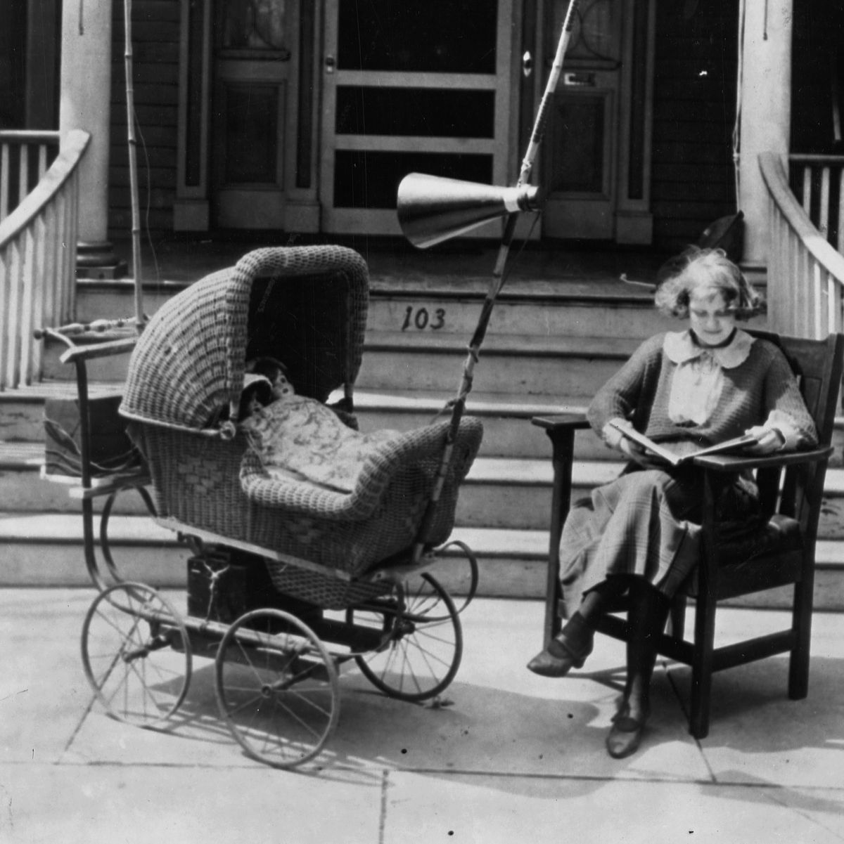 Product, Photograph, Baby carriage, Baby Products, Sitting, Snapshot, Monochrome, Black-and-white, Chair, Furniture, 