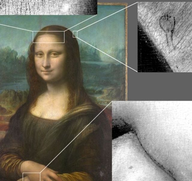 an image of the mona lisa shows highlights with inset images where a faint trail of charcoal dots can be seen