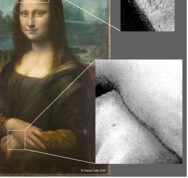 an image of the mona lisa shows highlights with inset images where a faint trail of charcoal dots can be seen