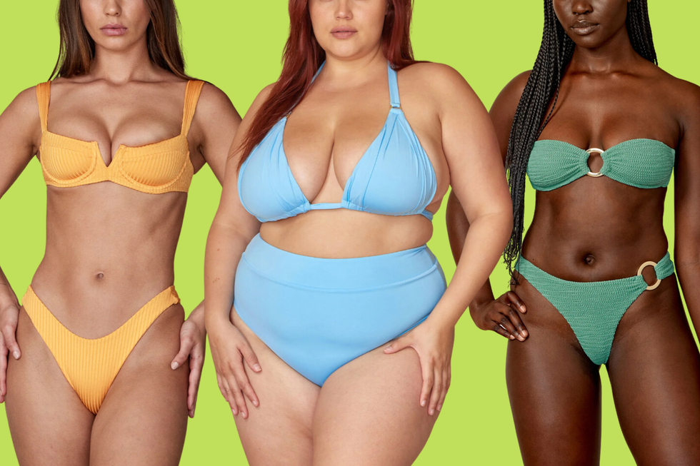 three women modeling swimsuits from monday swimwear against a green background