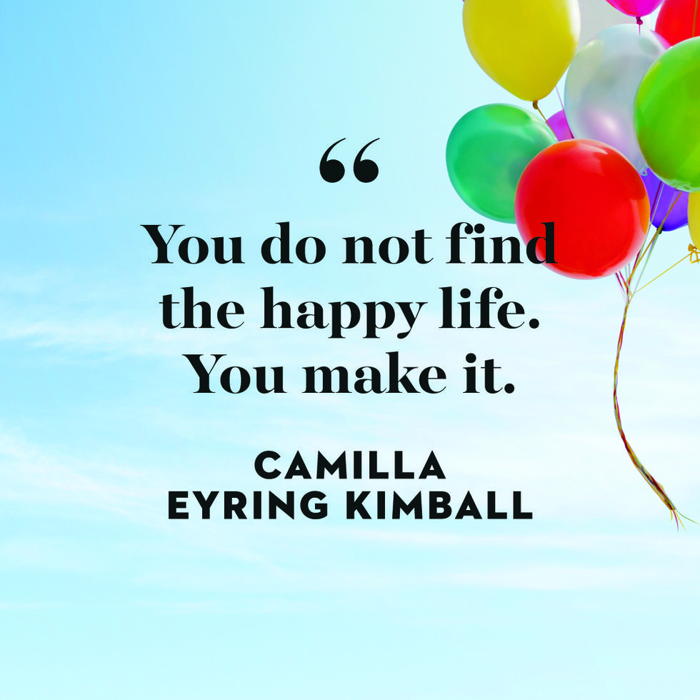 a quote about monday by camilla eyring kimball on a blue sky background with balloons