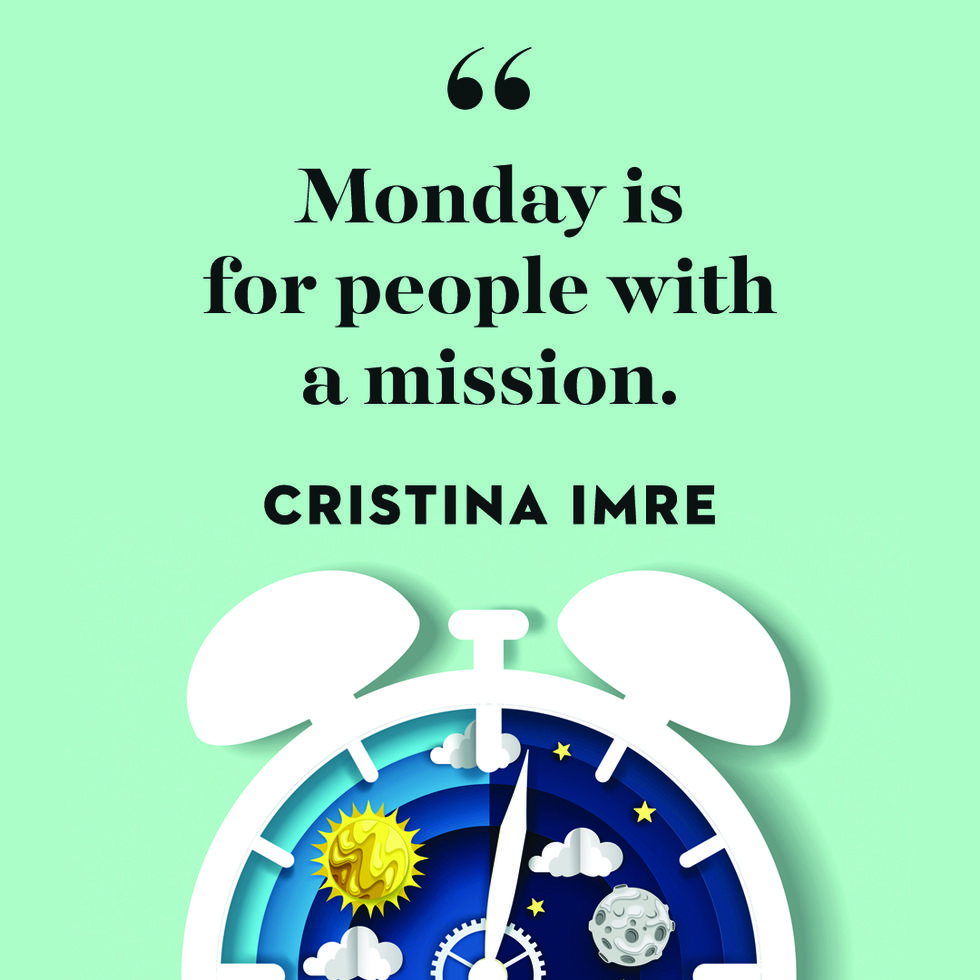 quote about monday by cristina imre on a blue background with an alarm clock