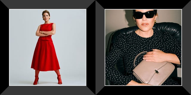 a person wearing a red dress and sunglasses holding a purse
