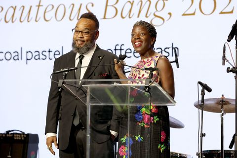 new york, new york   october 24 robert pruitt accepts the wein artist prize from thelma golden onstage during the studio museum in harlems gala 2022 at the glass houses on october 24, 2022 in new york city photo by monica schippergetty images for the studio museum
