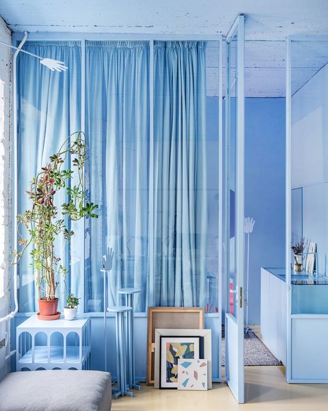 Curtain, Blue, Room, Interior design, Furniture, Living room, Window treatment, Turquoise, Textile, Floor, 