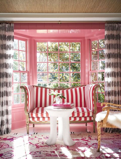 Pink, Curtain, Room, Interior design, Furniture, Window treatment, Red, Window covering, Property, Chair, 