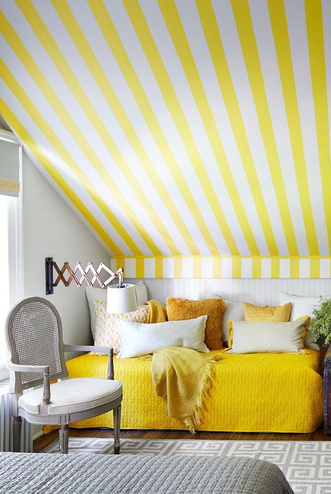 Yellow, Room, Orange, Wall, Property, Wallpaper, Interior design, Furniture, Window covering, Ceiling, 