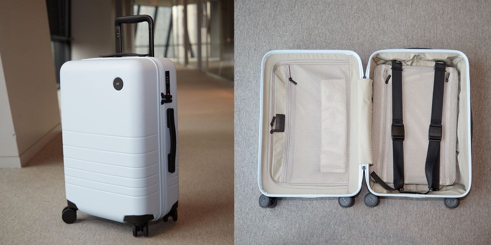 an open and closed suitcase from monos