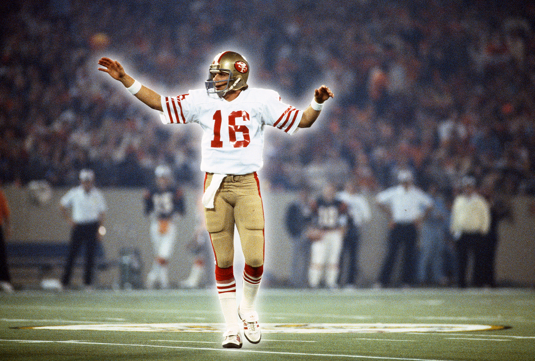 pontiac, mi   january 24  joe montana 16 of the san francisco 49ers celebrates after they scored against the cincinnati bengals during super bowl xvi on january 24, 1982 at the silverdome in pontiac, michigan the niners won the super bowl 26  21 photo by focus on sportgetty images