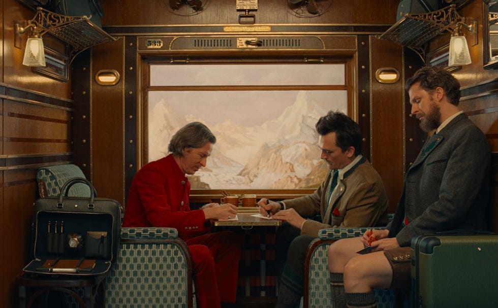 a scene set in a vintage train compartment featuring passengers engaged in conversation