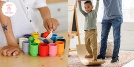 the color sorting cups and a wobble board are two good housekeeping picks for best montessori toys for 1 year olds