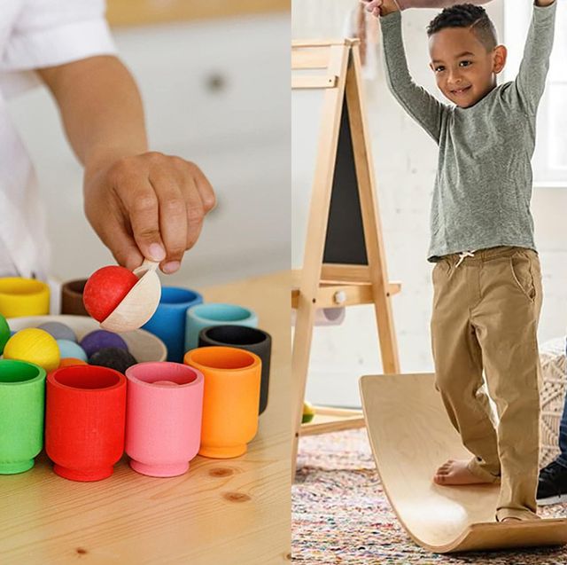 the color sorting cups and a wobble board are two good housekeeping picks for best montessori toys for 1 year olds