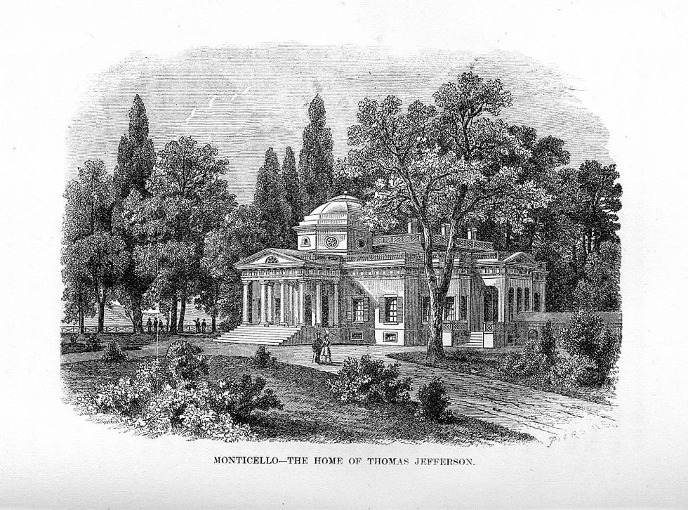 engraving depicting a mansion with a domed roof set among trees at the end of a driveway, people visible strolling through the grounds