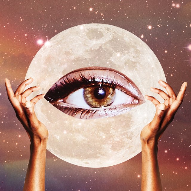 two hands hold up a full moon in a starry sky, with a giant eye placed over it