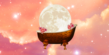 a full moon in a bathtub over a background of a pink, cloudy, starry sky