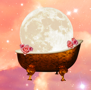 a full moon in a bathtub over a background of a pink, cloudy, starry sky