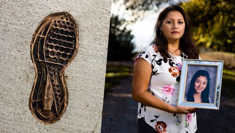 erika martinez holding portrait of daughter yuridia martinez and bronze cast shoe print from memorial site