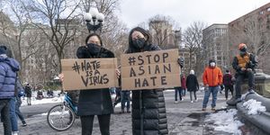 protesters are gathered in nyc to protest hate crimes against asian americans