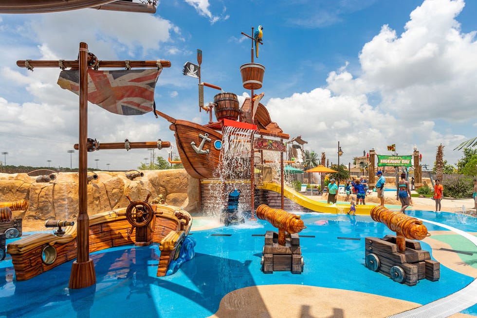 splash park with pirate ship and cannons