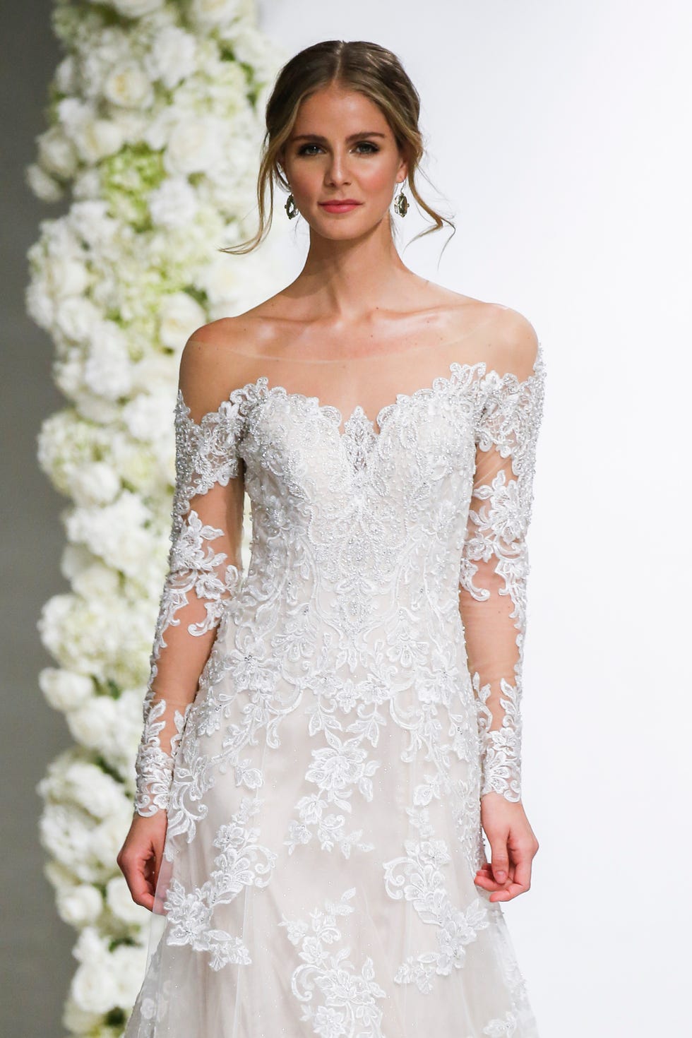 Clothing, Wedding dress, Dress, Gown, Fashion model, Shoulder, Bridal clothing, Bridal party dress, A-line, Waist, 