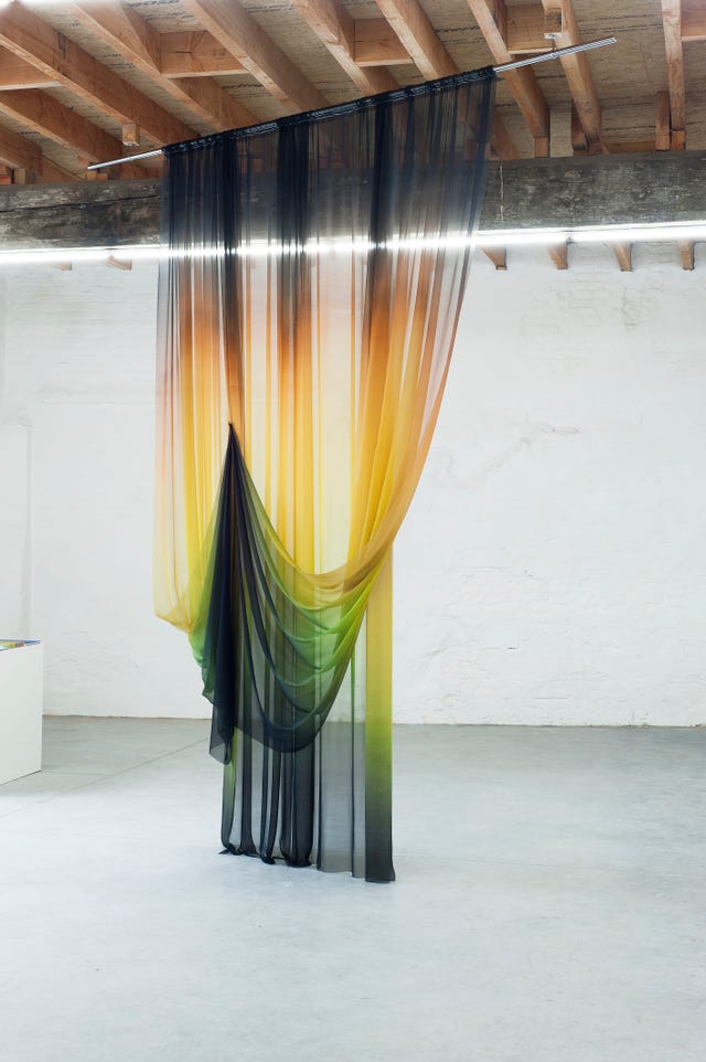 artist justin morin’s silk installation how to drape cher’s iconic ‘take me home’ album cover, polished steel and printed silk, 310 x 290cm 2015