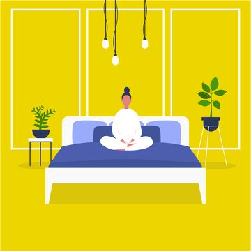 morning wake up female character sitting in bed bedroom front view early bird flat editable vector illustration, clip art millennial lifestyle