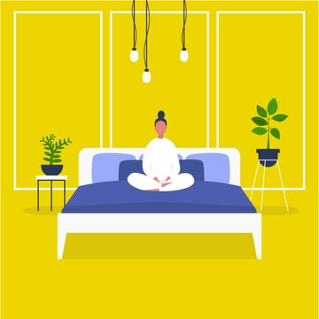 morning wake up female character sitting in bed bedroom front view early bird flat editable vector illustration, clip art millennial lifestyle