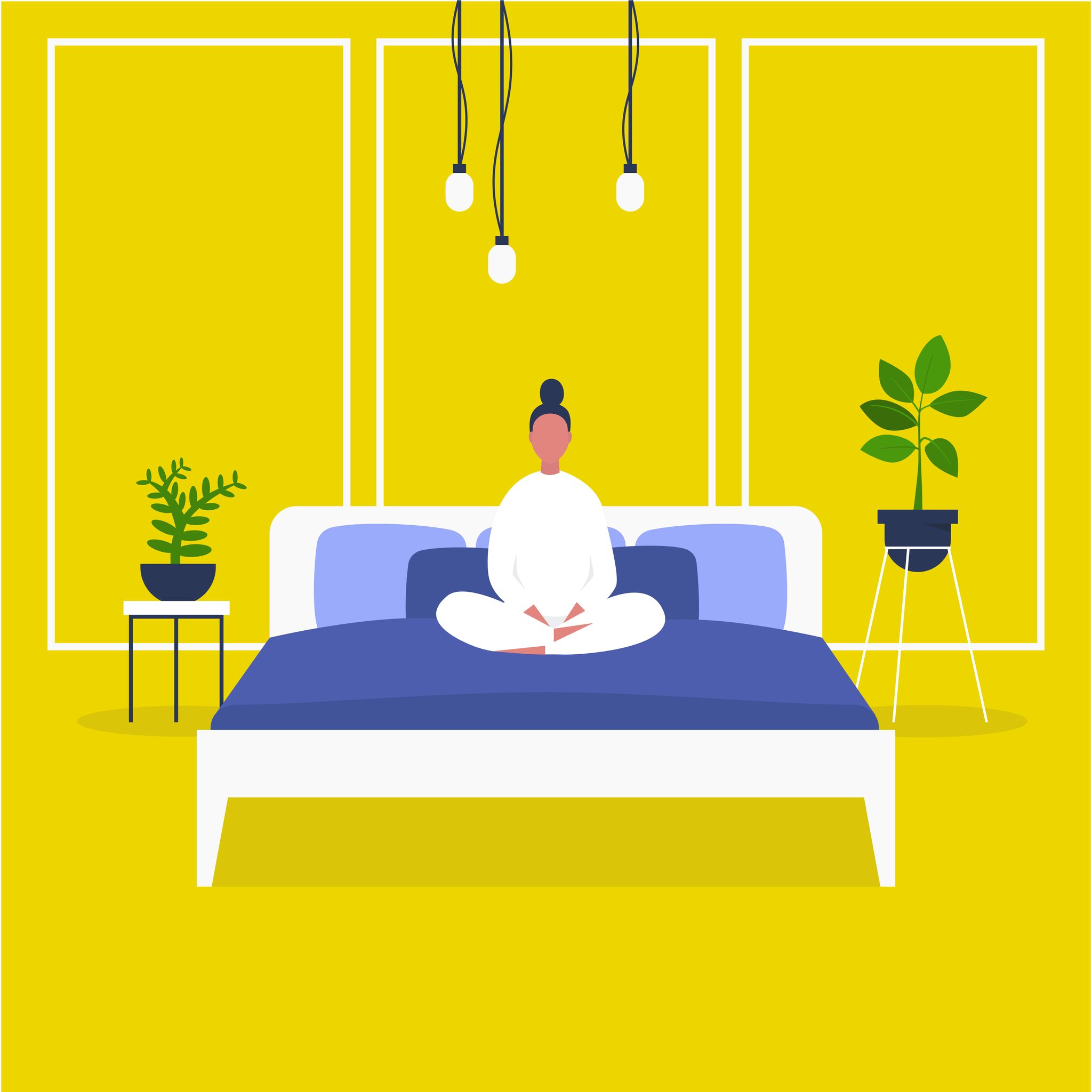 morning wake up female character sitting in bed bedroom front view early bird flat editable vector illustration, clip art millennial lifestyle