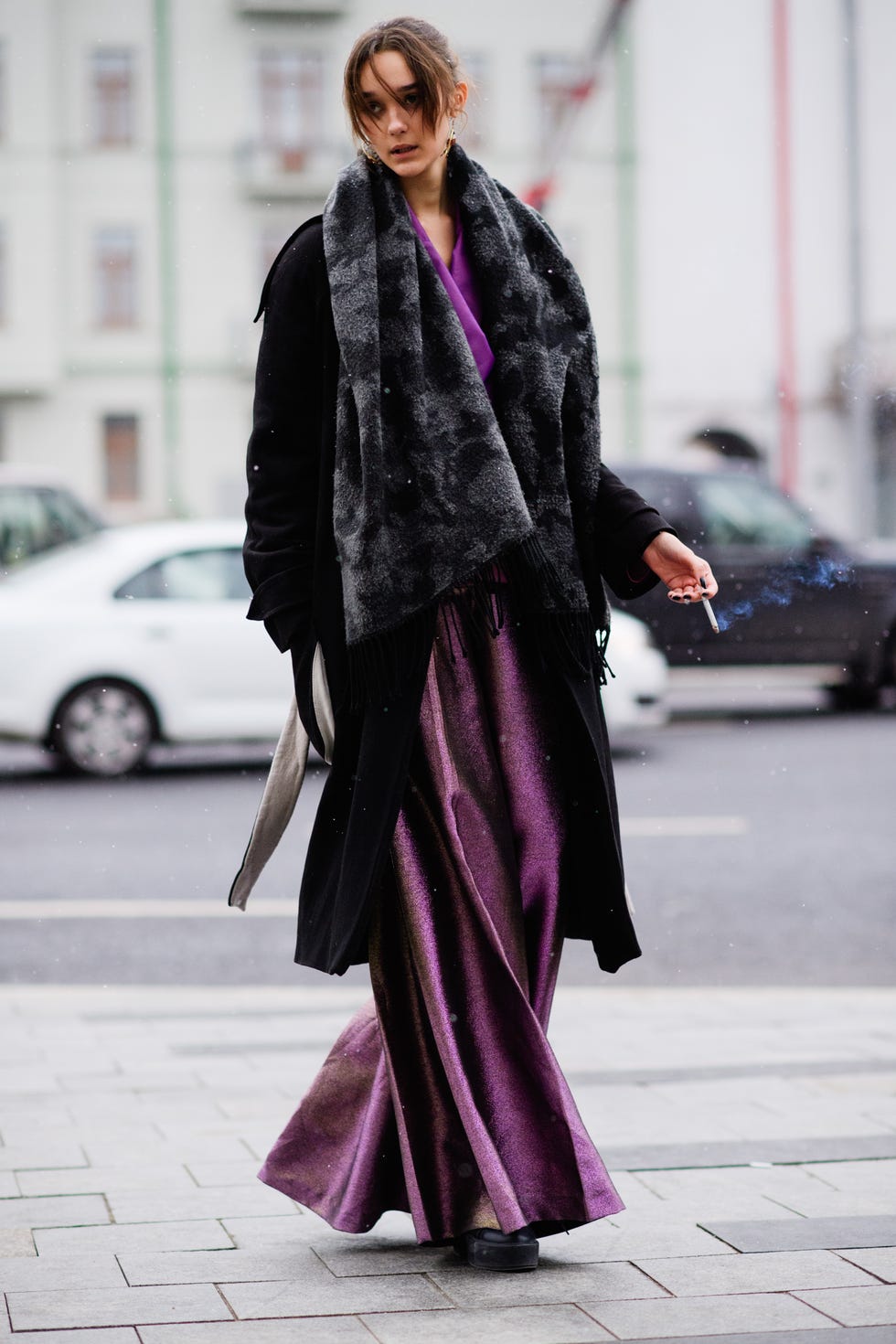 Clothing, Street fashion, Fashion, Purple, Outerwear, Fur, Snapshot, Fashion model, Dress, Haute couture, 