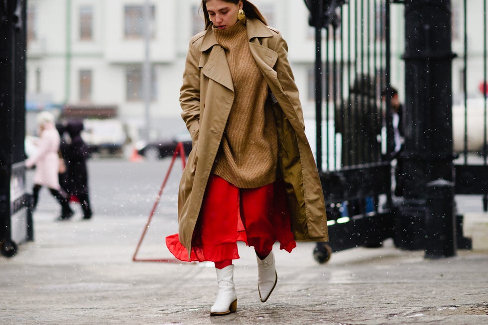 Clothing, Street fashion, Fashion, Coat, Outerwear, Red, Overcoat, Fur, Fashion model, Snapshot, 