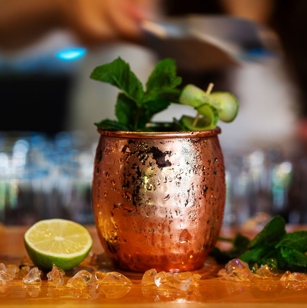 moscow mule cocktail served in a copper mug