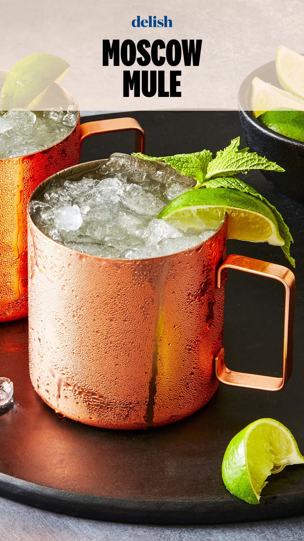 chilled vodka blended with lime juice, mint, and ginger beer, served in a frosty copper mug