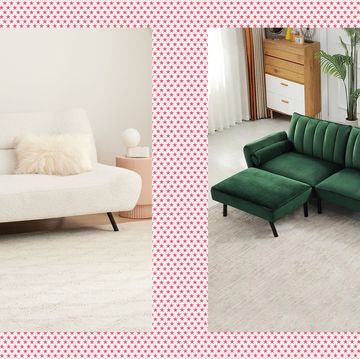 a white futon and green futon side by side in different living rooms