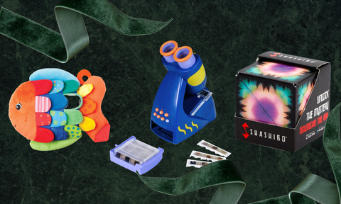 flip fish, talking microscope, and shashibo box on a festive background