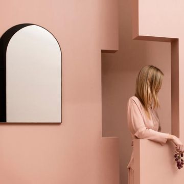 Wall, Pink, Beauty, Architecture, Room, Photography, Long hair, Window, Art, Door, 