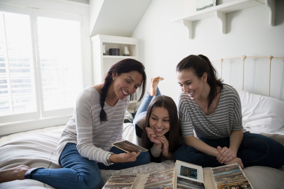 Mother and daughters viewing photograph album on bed