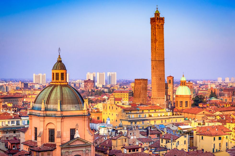 bologna, italy skyline of medieval two towers due torri, asinelli and garisenda