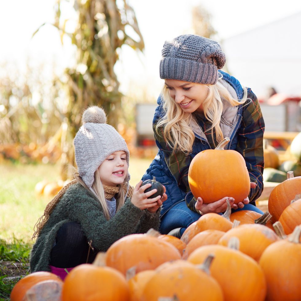 young woman and daughter selecting pumpkin from stack at pumpkin patch