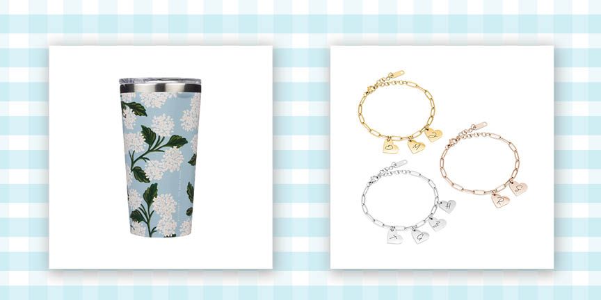 hydrangea insulated tumbler and chain bracelet with initial heart charms
