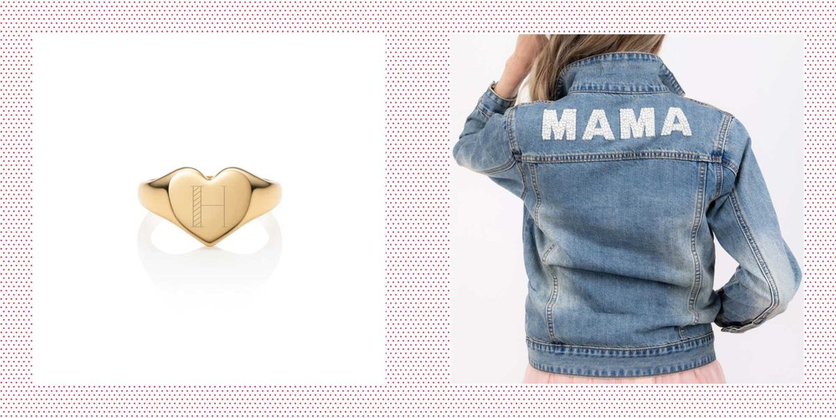 mother's day gift ideas for wife  mama appliqué denim jacket and initial gold heart signet ring