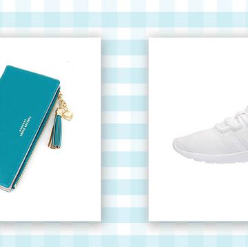 teal blue zip up waller and a white adidas tennis shoe on a blue and white background